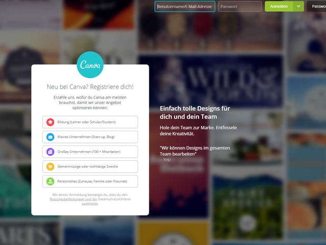 Screenshot der Startseite des Grafikprogramms Canva