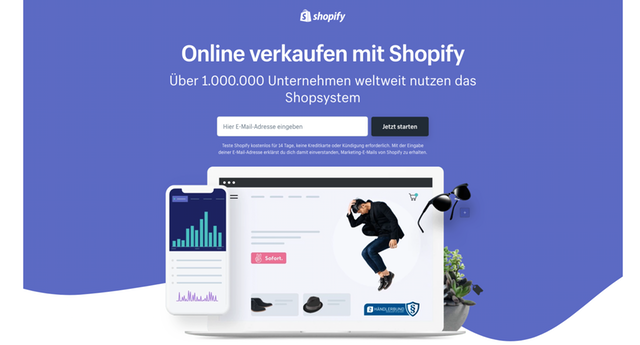 Screenshot der Starteseite von Shopify