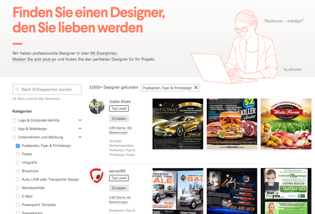 Ein Screenshot der 99designs Website, auf denen die verschiedenen Grafik-Designer ihr Portfolio präsen?ieren.